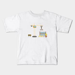 Kids drawing of building construction scene with worker and tower crane Kids T-Shirt